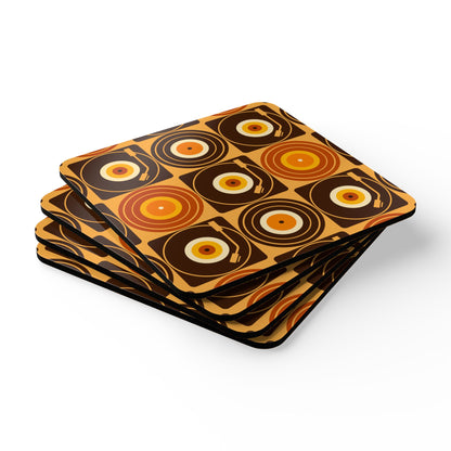 Groovy Retro Record Players, Brown Orange Yellow, Corkwood Coaster Set - Mid Century Modern Gal
