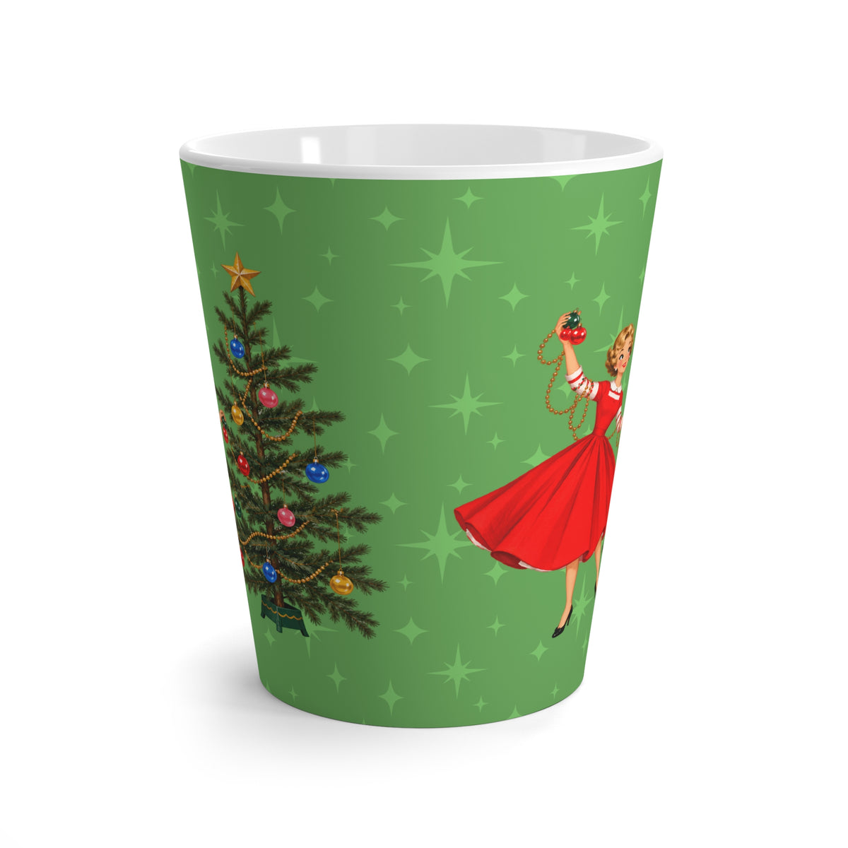 Mid Century Modern Gal Decorating Christmas Tree, Green Atomic Starbursts Latte Mug