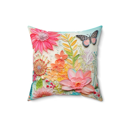 Floral Boho Pillow, Reversible, Flower, Butterfly, Bohemian Hippie, Retro Faux Embroidered Pillow And Insert