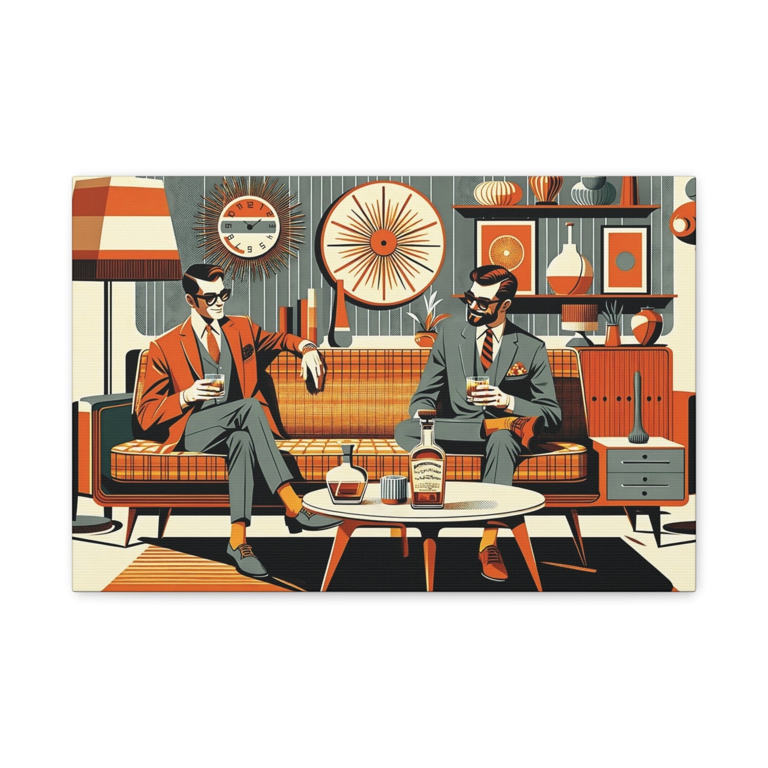 Mid Century Modern Mod Dude, Gay Male Couple Drinking Bourbon, MCM Art