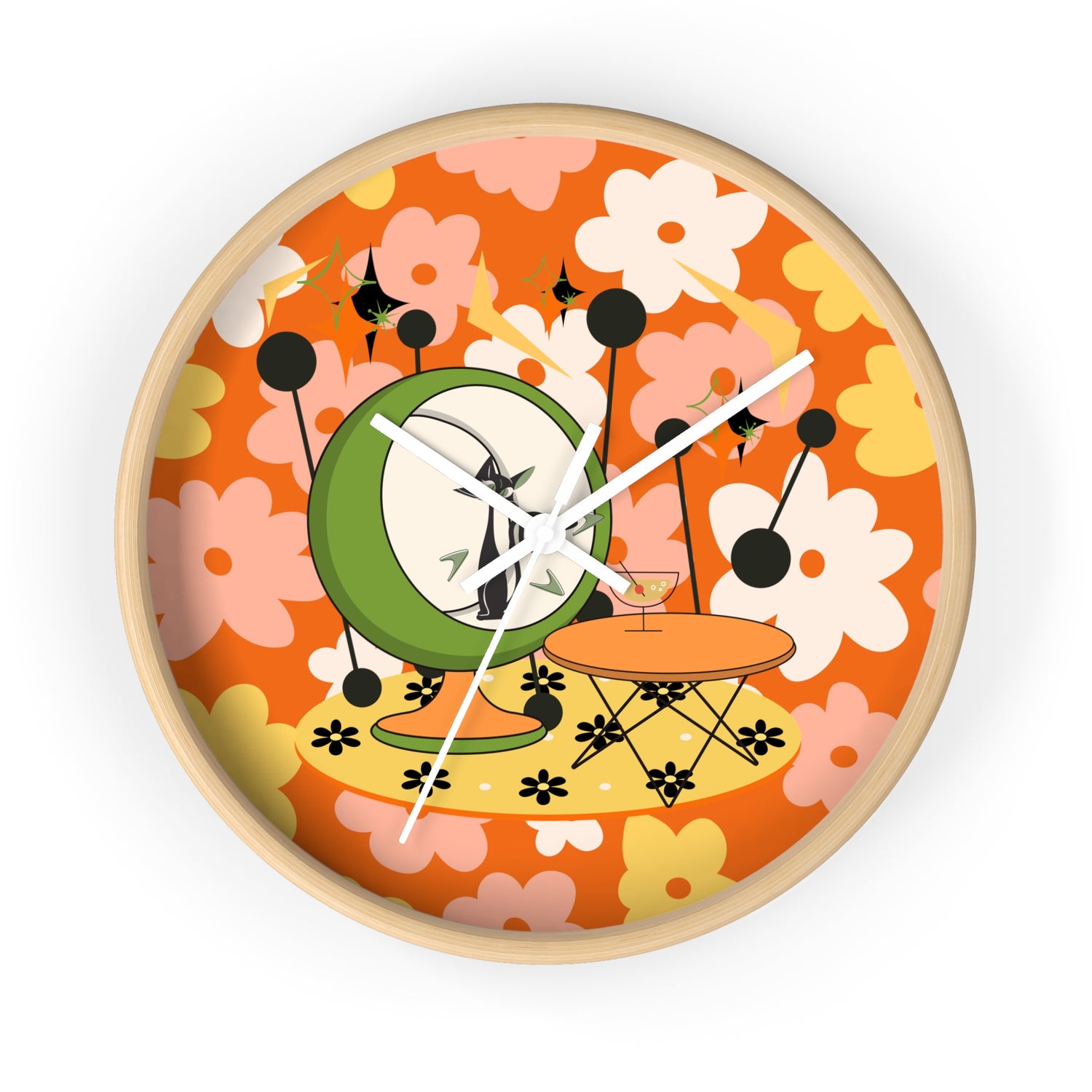 Atomic Cat Mid Century Modern Groovy Retro Floral Cat Wall Clock - Vintage Home Decor - Mid Century Modern Gal