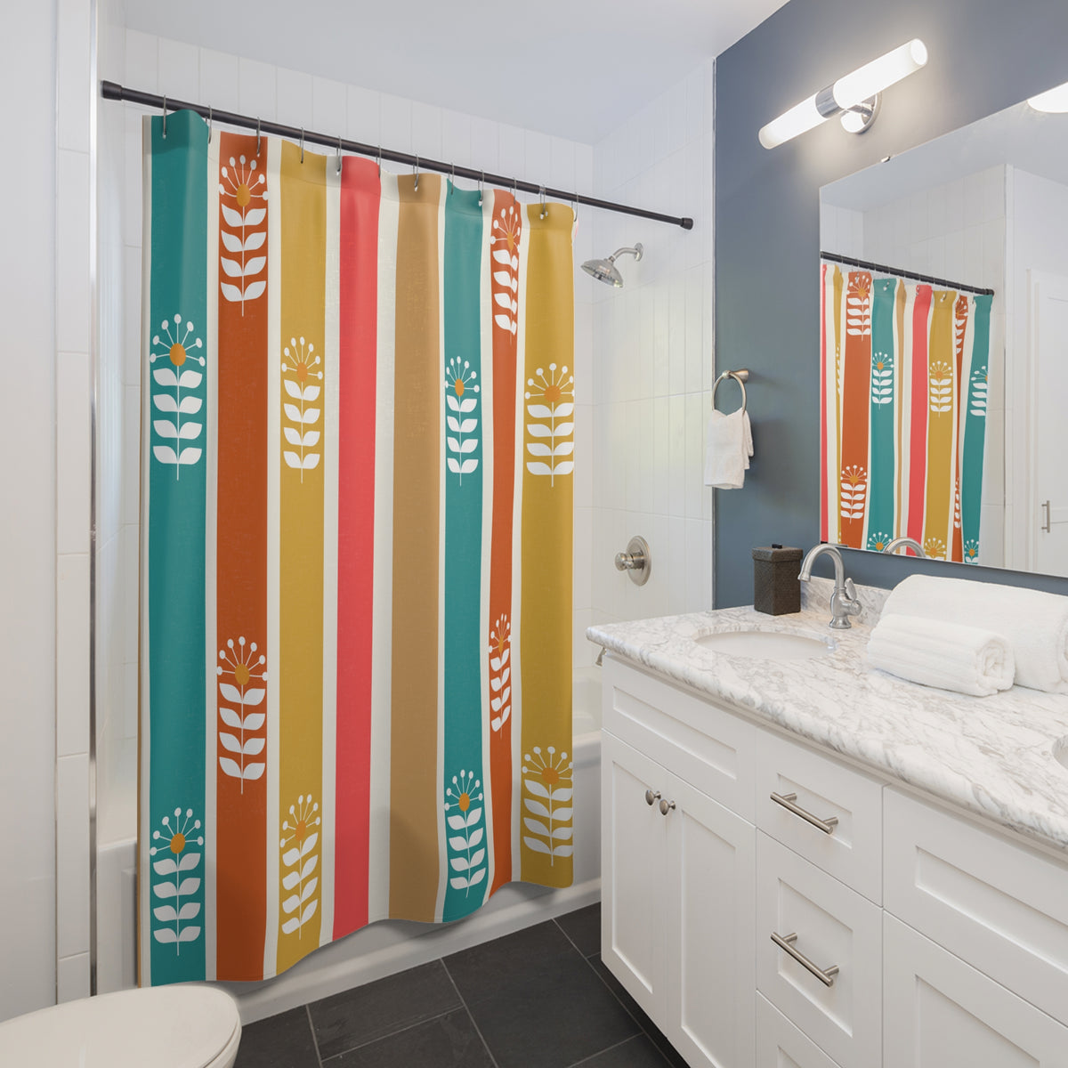 Retro Floral Scandinavian Mid Mod Boho Floral Shower Curtain - Colorful Striped Design for Vibrant Bathrooms - Mid Century Modern Gal