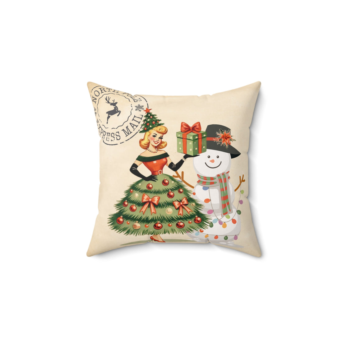 Vintage Christmas Pillow - Retro Santa with Snowman Design