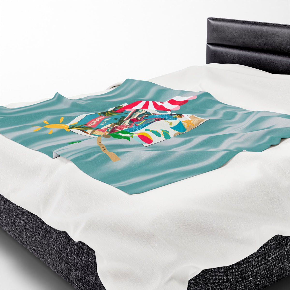 Palm Springs Hotel Retro Mod Flamingo And Atomic Cats, Tropical Getaway Velveteen Plush Blanket - Perfect for Beach Days and Cozy Nights - Mid Century Modern Gal