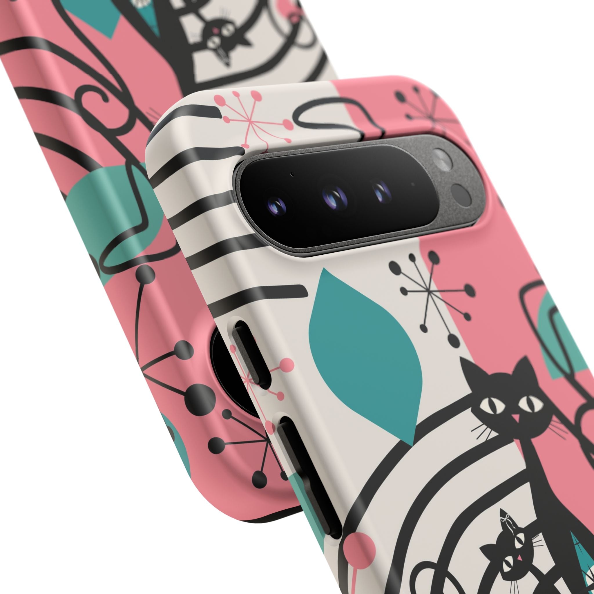 Mid Mod Atomic Cat Boomerang Starburst, Pink, Black Kitschy Stylish Cat Phone Case: Modern Design for Cat Lovers