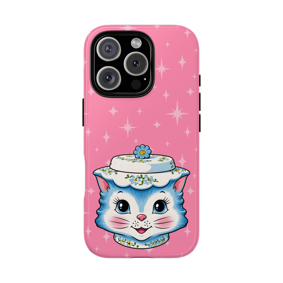 Mid Century Modern Kitschy Anthropomorphic Blue Cat with Floral Hat Tough Phone Case