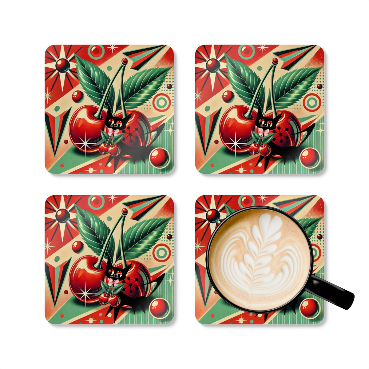 Retro Cherry Cork Coaster Set - Atomic Cat, Vintage Style Drink Protectors for Home Decor - Mid Century Modern Gal