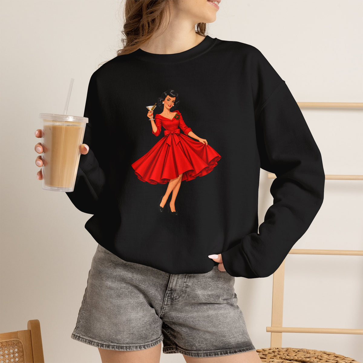 Mid Century Modern Christmas Martini Gal Unisex Heavy Blend™ Crewneck Sweatshirt - Mid Century Modern Gal