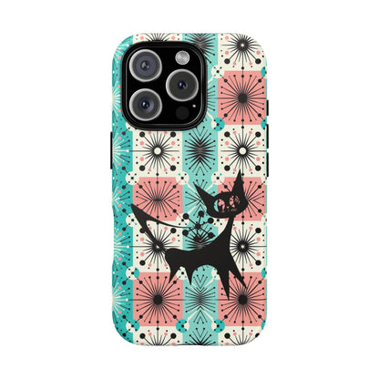 Atomic Kitschy Cat, Mid Century Modern Pink, Aqua Starbursts Tough Phone Case