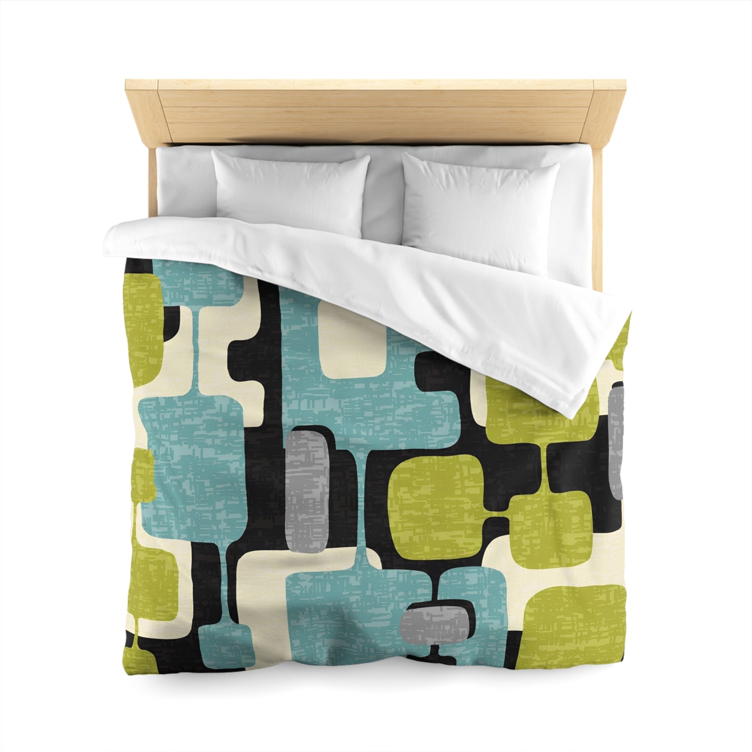 Mid Century Modern Geometric Atomic Home Living, Aqua Blue, Green, Black Gray Microfiber Duvet Cover - Mid Century Modern Gal