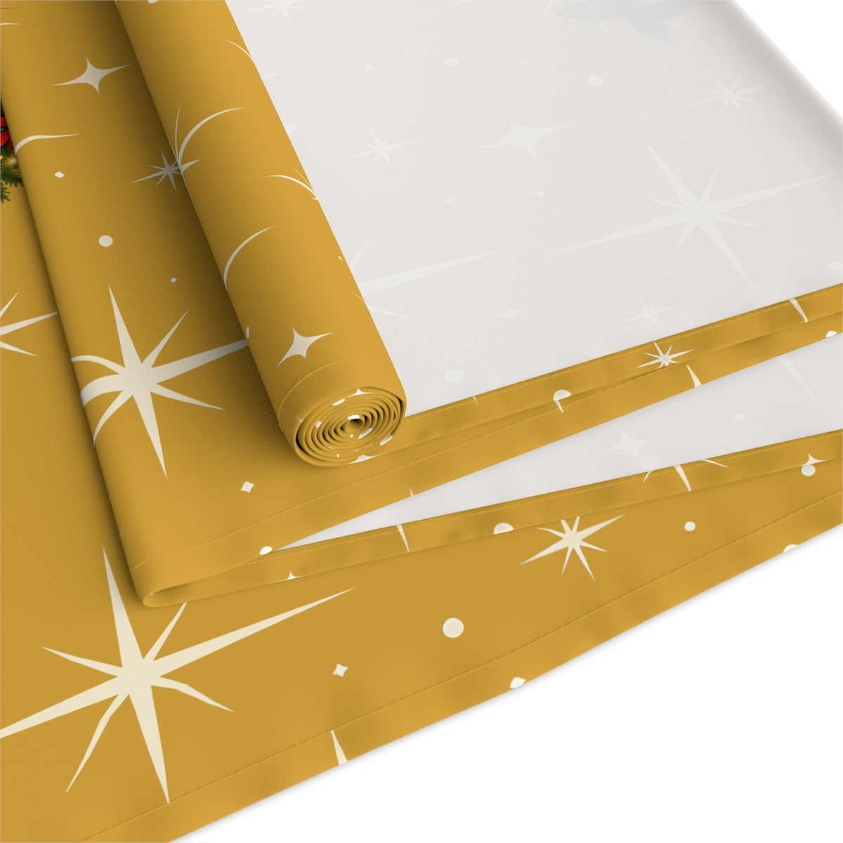 Mid Century Modern Christmas Glamour Gal Wrapping Presents by Tree, Gold Atomic Starbursts Table Runner