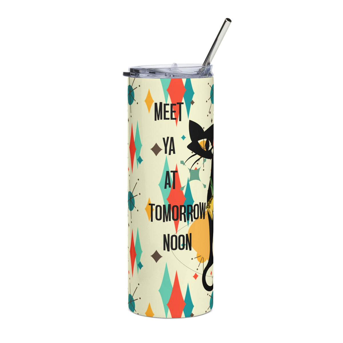Franciscan Starburst Atomic Cat Design, Funny, Kitschy Mid Century Modern Skinny Tumbler with Straw, 20oz - Mid Century Modern Gal