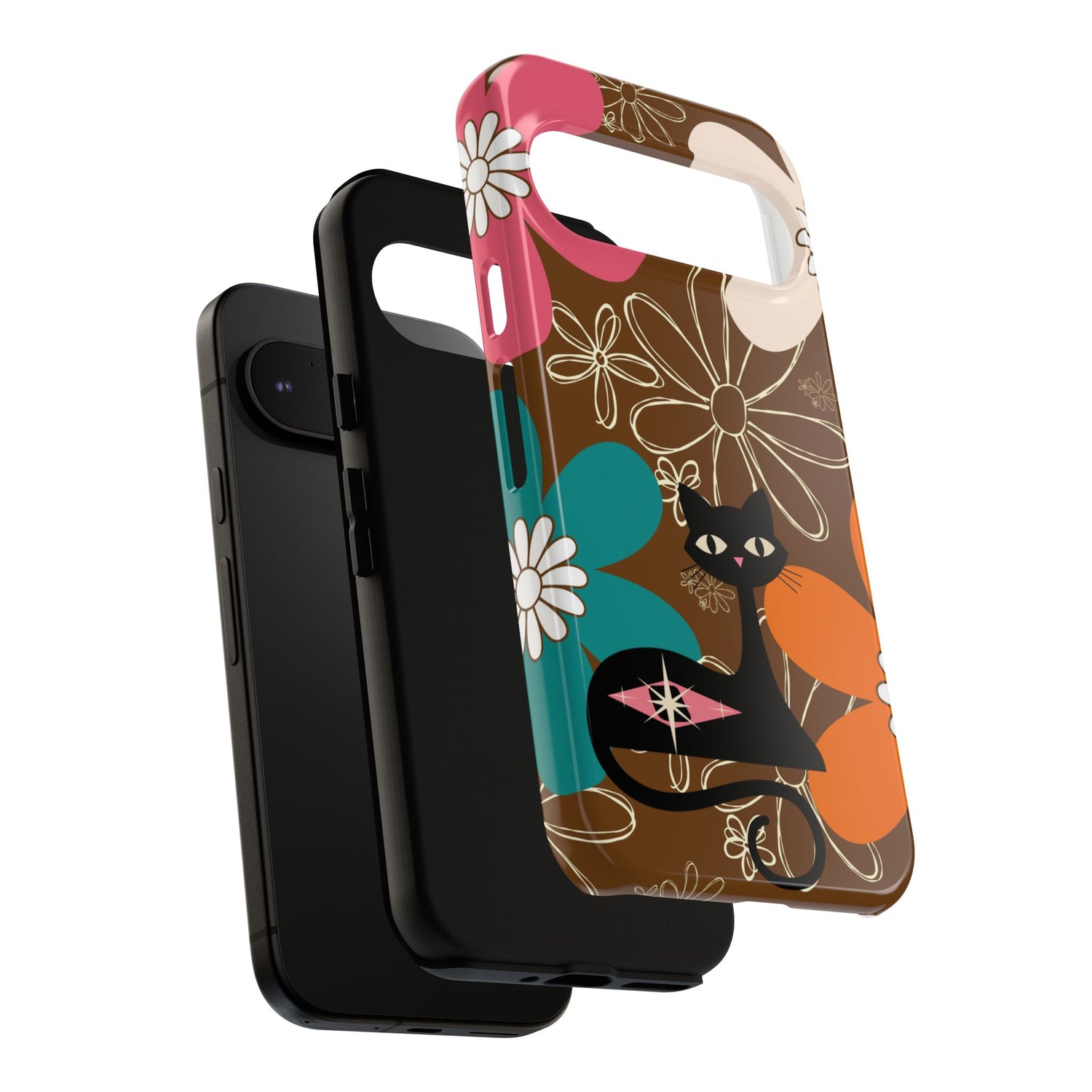 Atomic Cat Retro 70s Vibe Flower Power Tough Cases: Cute Floral and Cat Phone Case for Cat Lovers