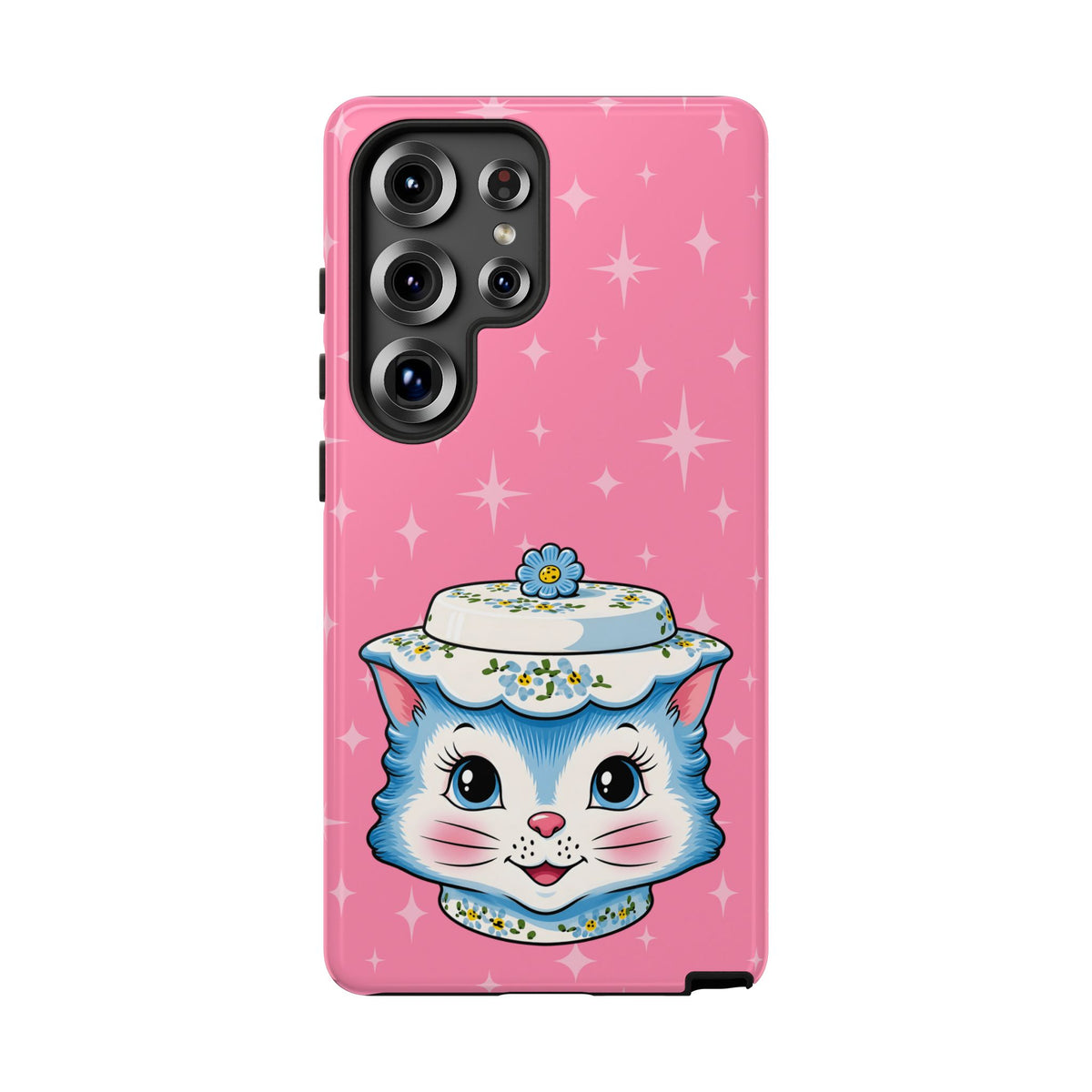 Mid Century Modern Kitschy Anthropomorphic Blue Cat with Floral Hat Tough Phone Case