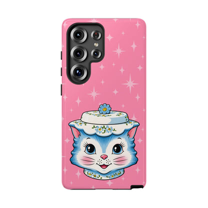 Mid Century Modern Kitschy Anthropomorphic Blue Cat with Floral Hat Tough Phone Case