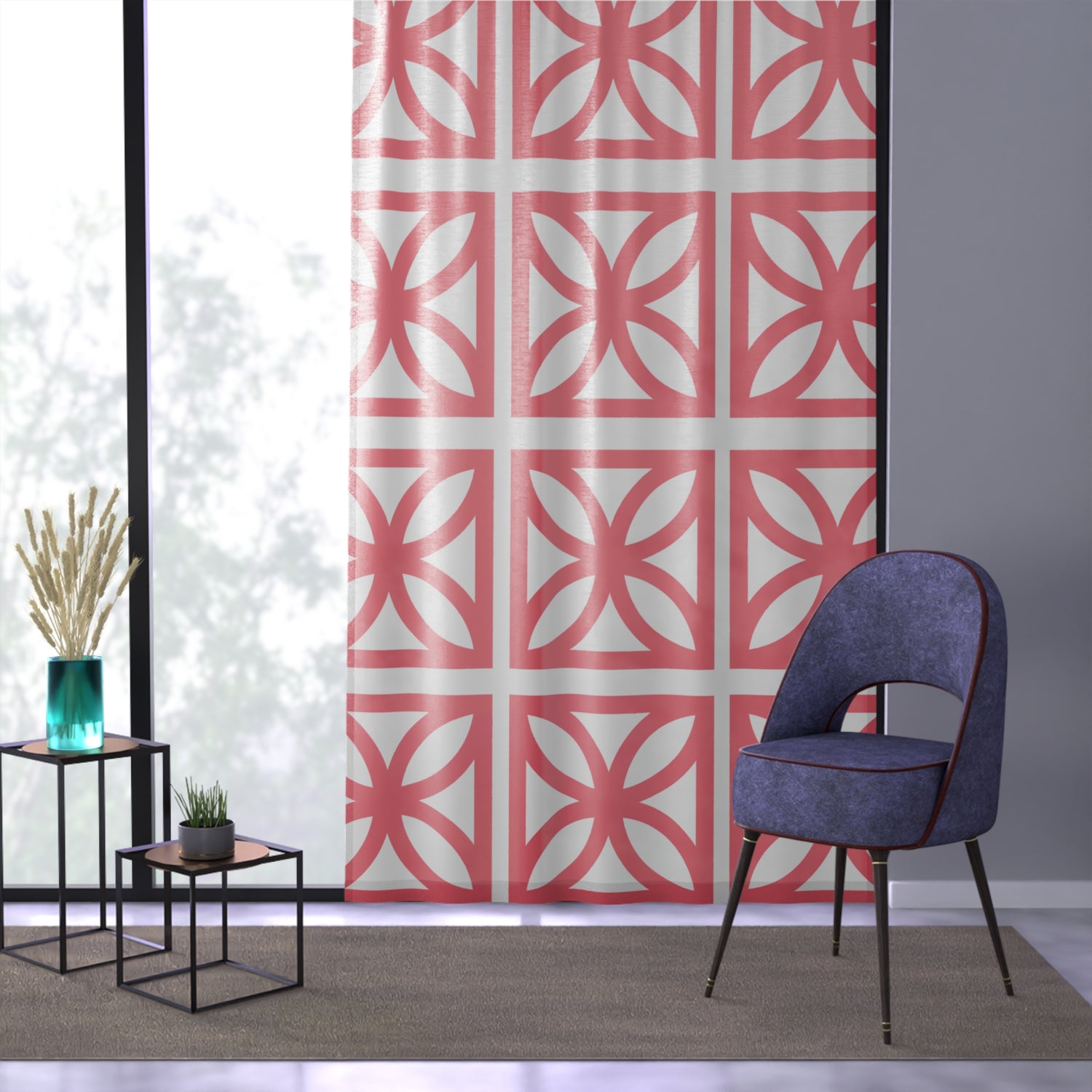 Summer Breeze Block Mid Century Modern Coral Sheer Geometric Floral Window Curtain - Modern Home Decor - Mid Century Modern Gal