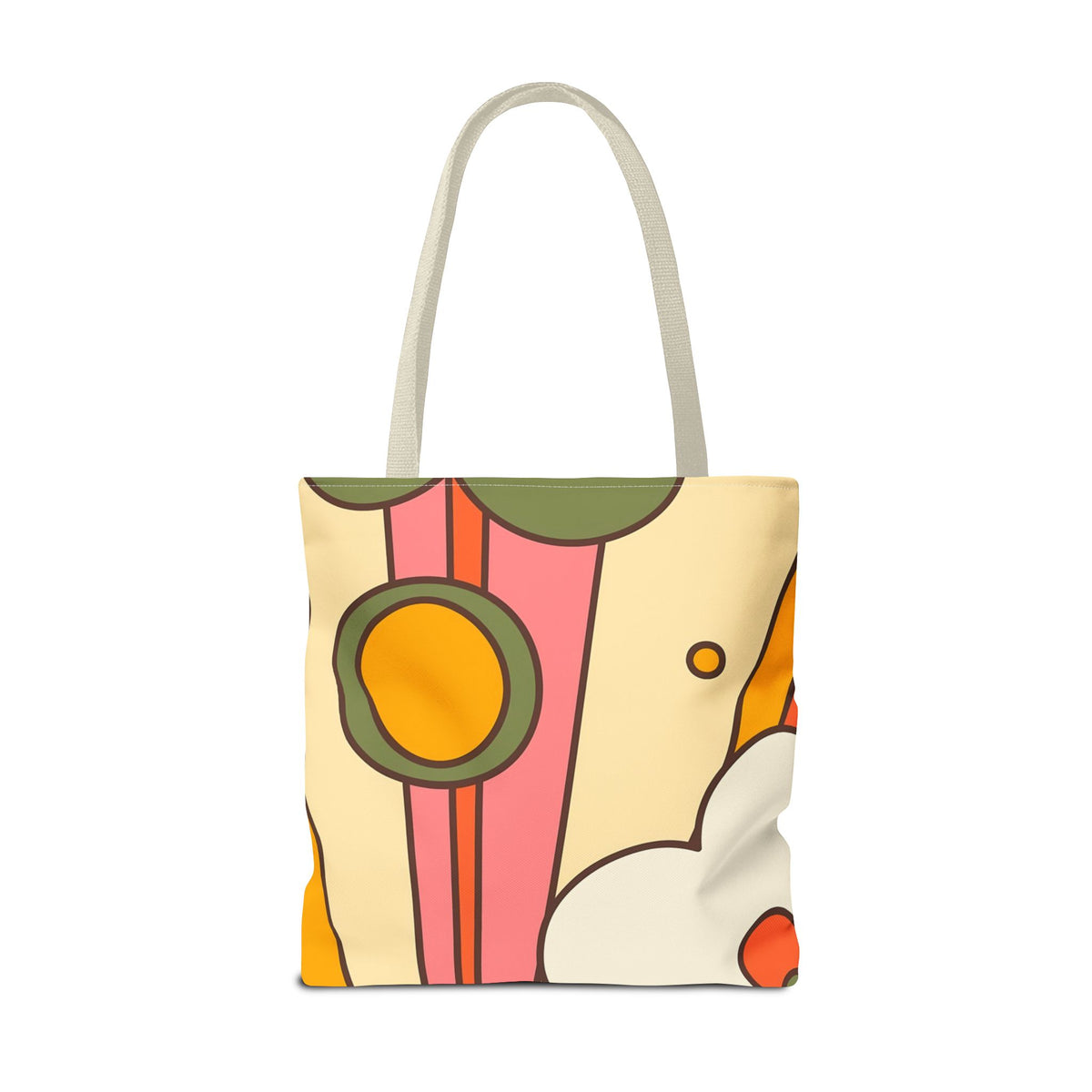 Retro-inspired tote bag featuring a groovy design with playful shapes and colors, perfect for pickleball enthusiasts.