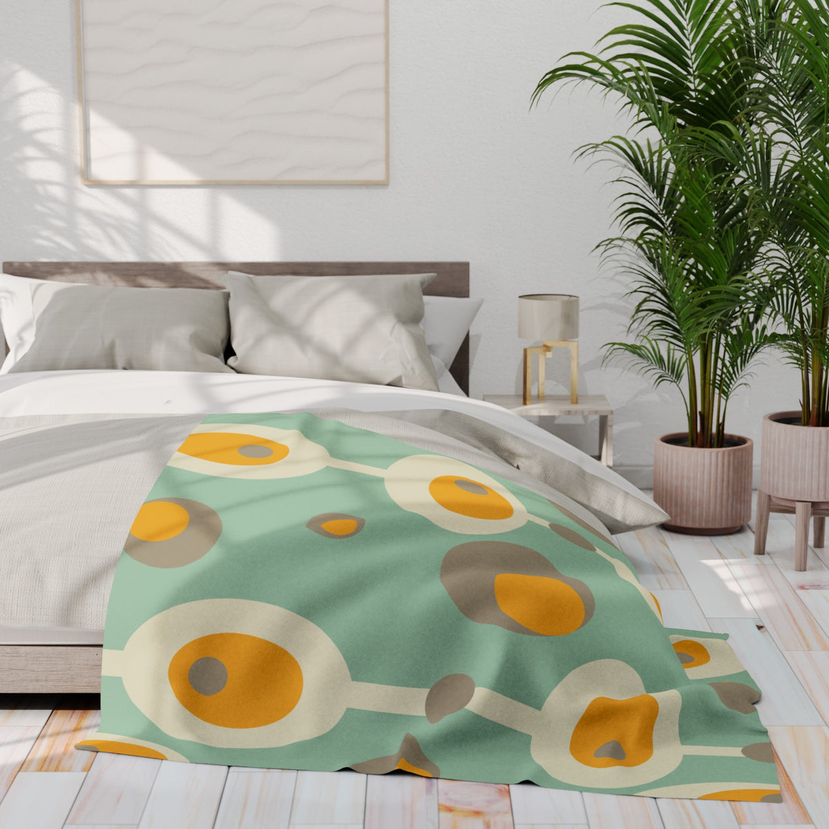 Mid Century Modern Mint Green, Mustard Yellow Mod Orb MCM Lightweight Fleece Blanket - Mid Century Modern Gal