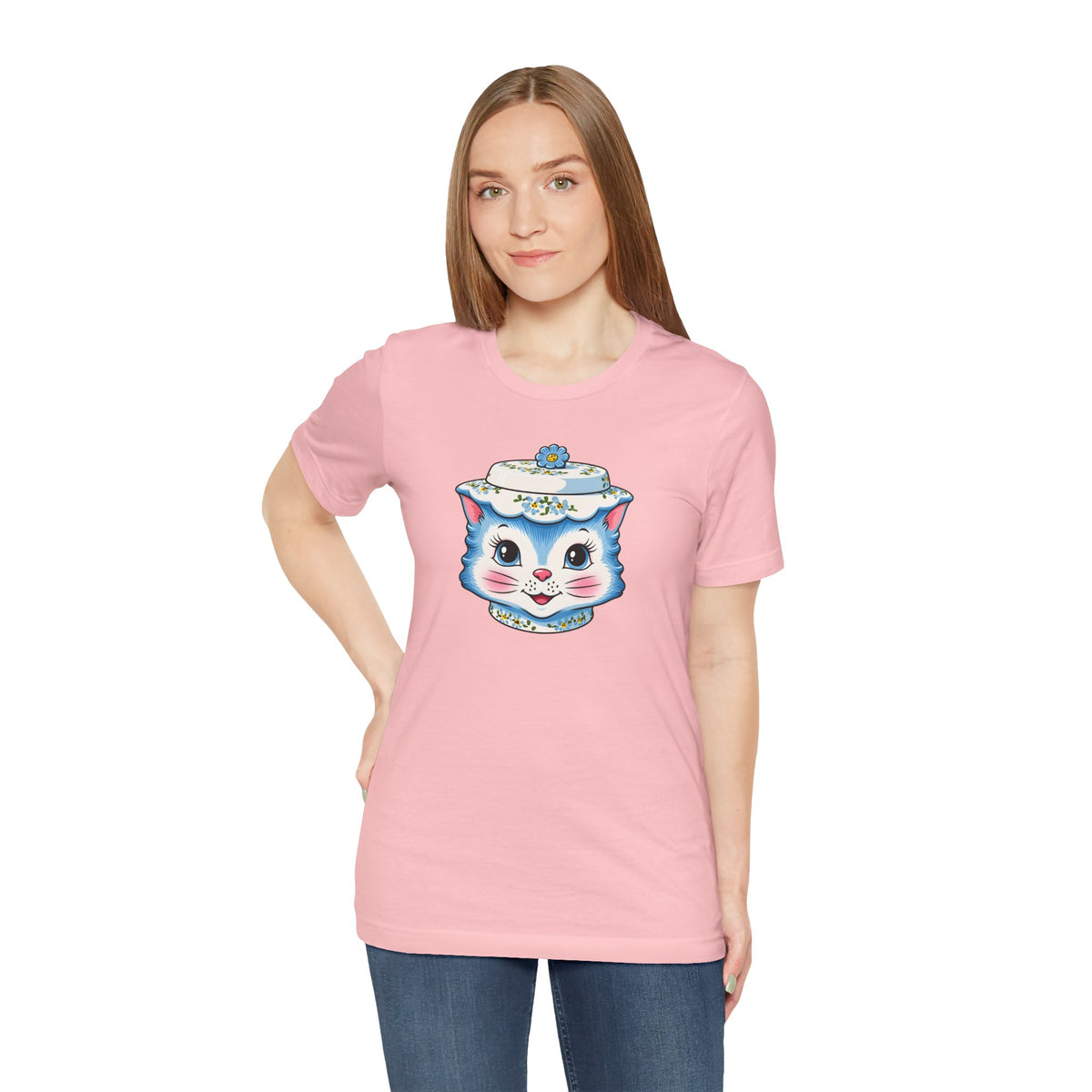 Mid Century Modern Kitschy Anthropomorphic Blue Cat with Floral Hat Unisex T-Shirt
