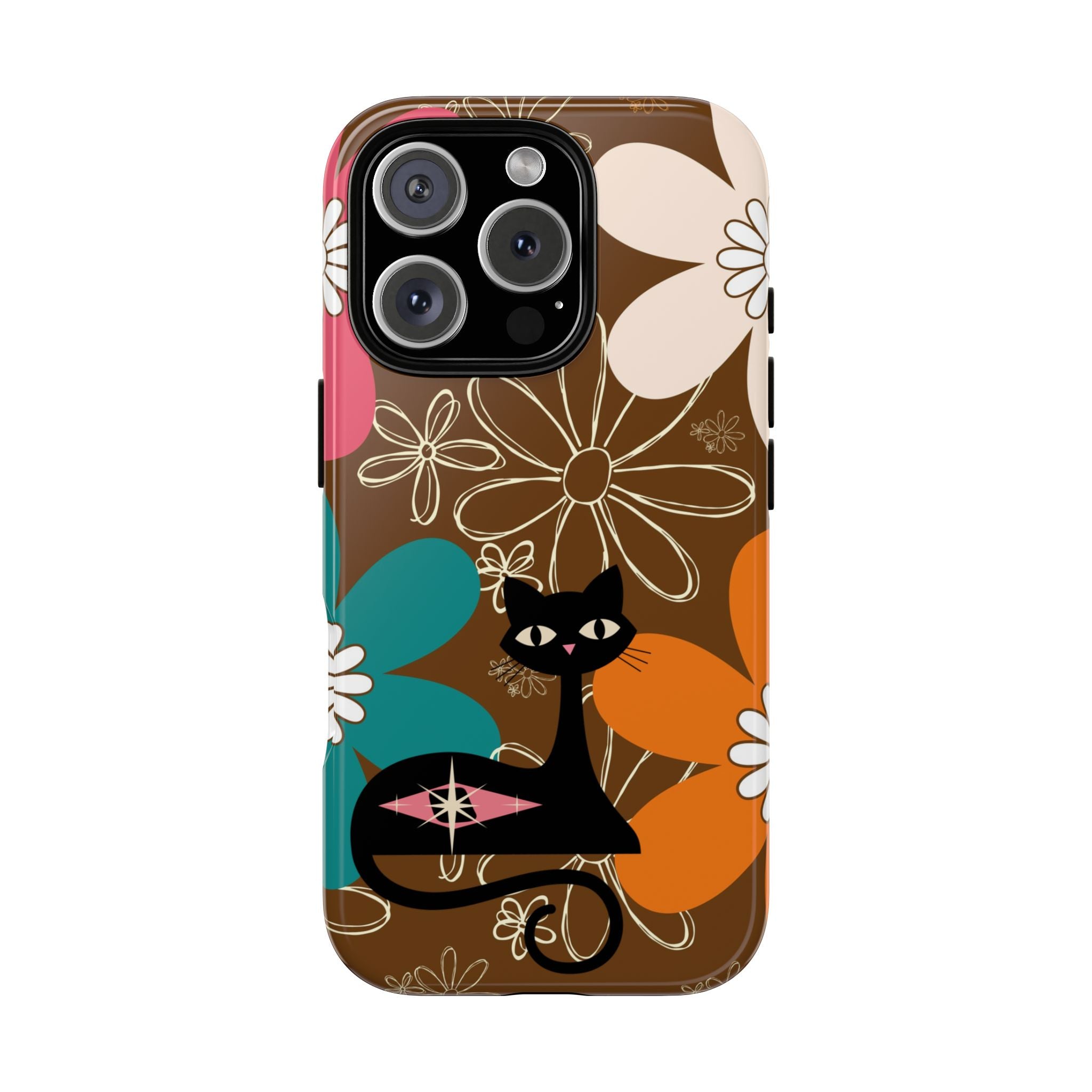 Atomic Cat Retro 70s Vibe Flower Power Tough Cases: Cute Floral and Cat Phone Case for Cat Lovers