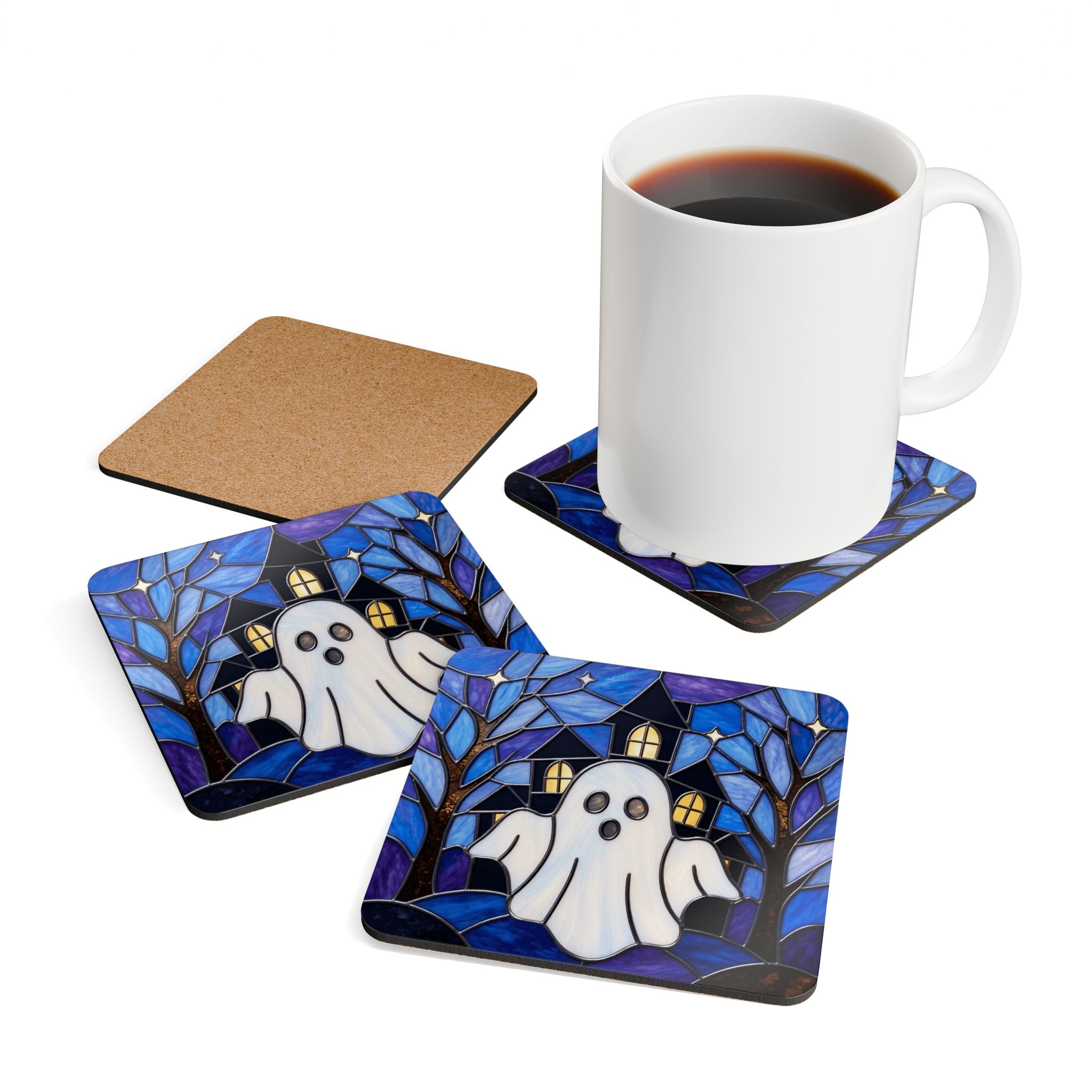 Halloween Stained Glass Style Ghost Haunted House Corkwood Coaster Set