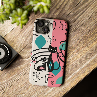 Mid Mod Atomic Cat Boomerang Starburst, Pink, Black Kitschy Stylish Cat Phone Case: Modern Design for Cat Lovers