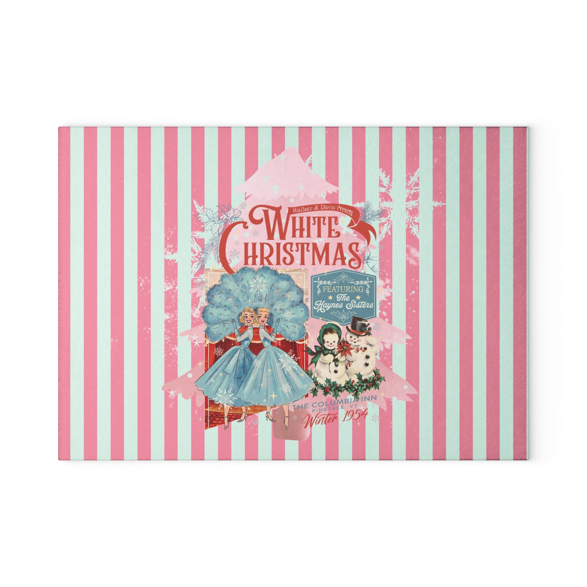The Columbia Inn, Featuring the Haynes Sisters Vintage Christmas Glass Cutting Board - 'White Christmas' Design - Mid Century Modern Gal