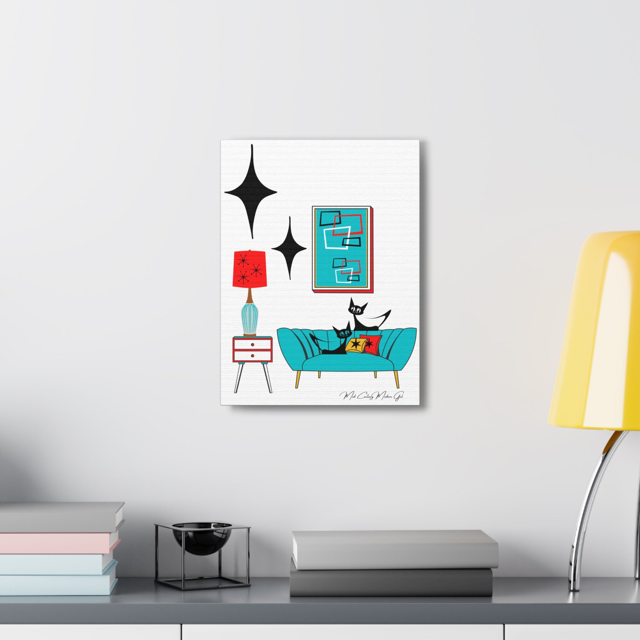 Mid Century Modern Wall Art, Atomic Cat Living Room Retro. Teal Blue, Red, Black Canvas Art