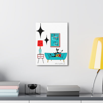 Mid Century Modern Wall Art, Atomic Cat Living Room Retro. Teal Blue, Red, Black Canvas Art