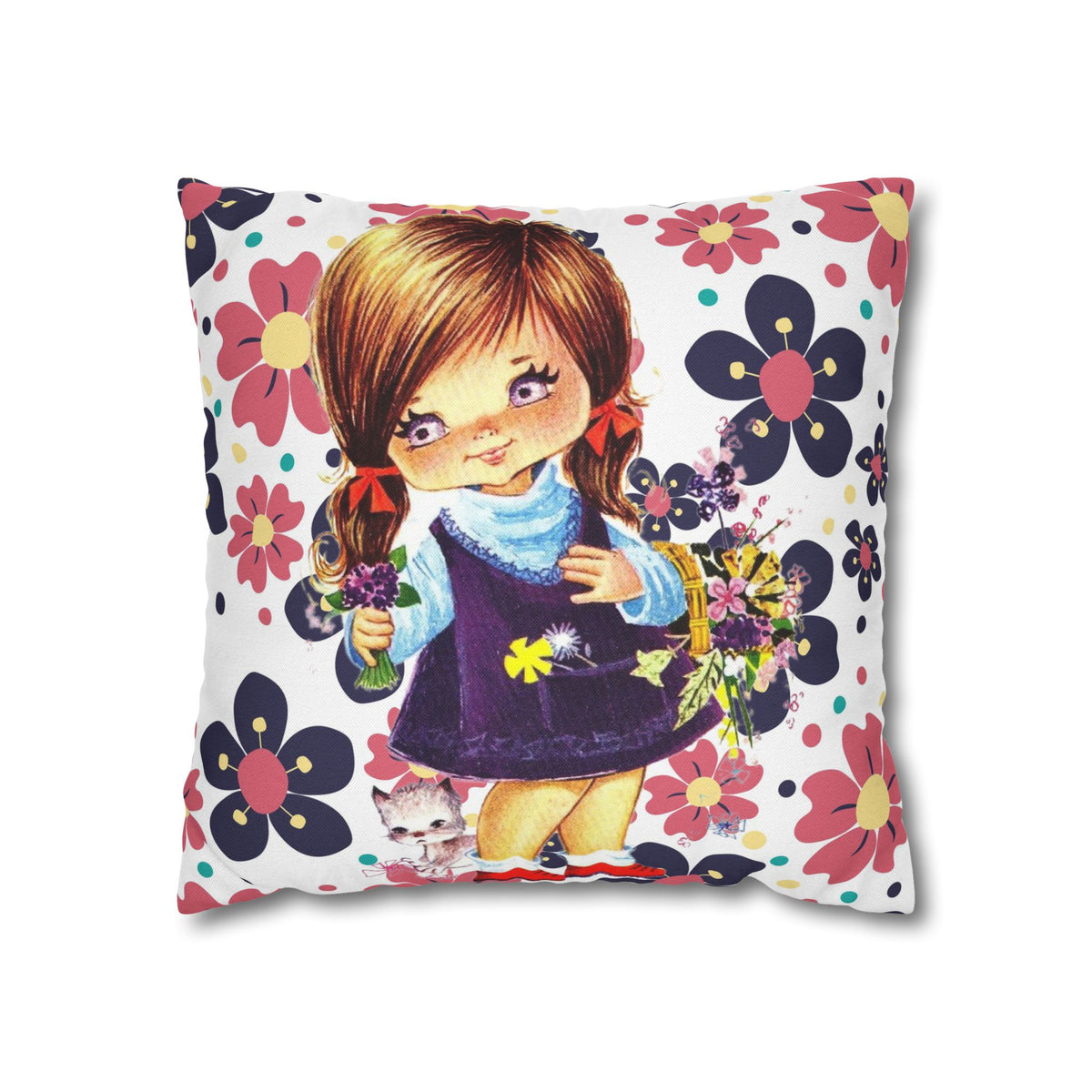 Vintage 60's Big Eyed Cute Girl, Violets, Flower Power, Groovy Hippie Vibes, Pillow COVER Only - Mid Century Modern Gal