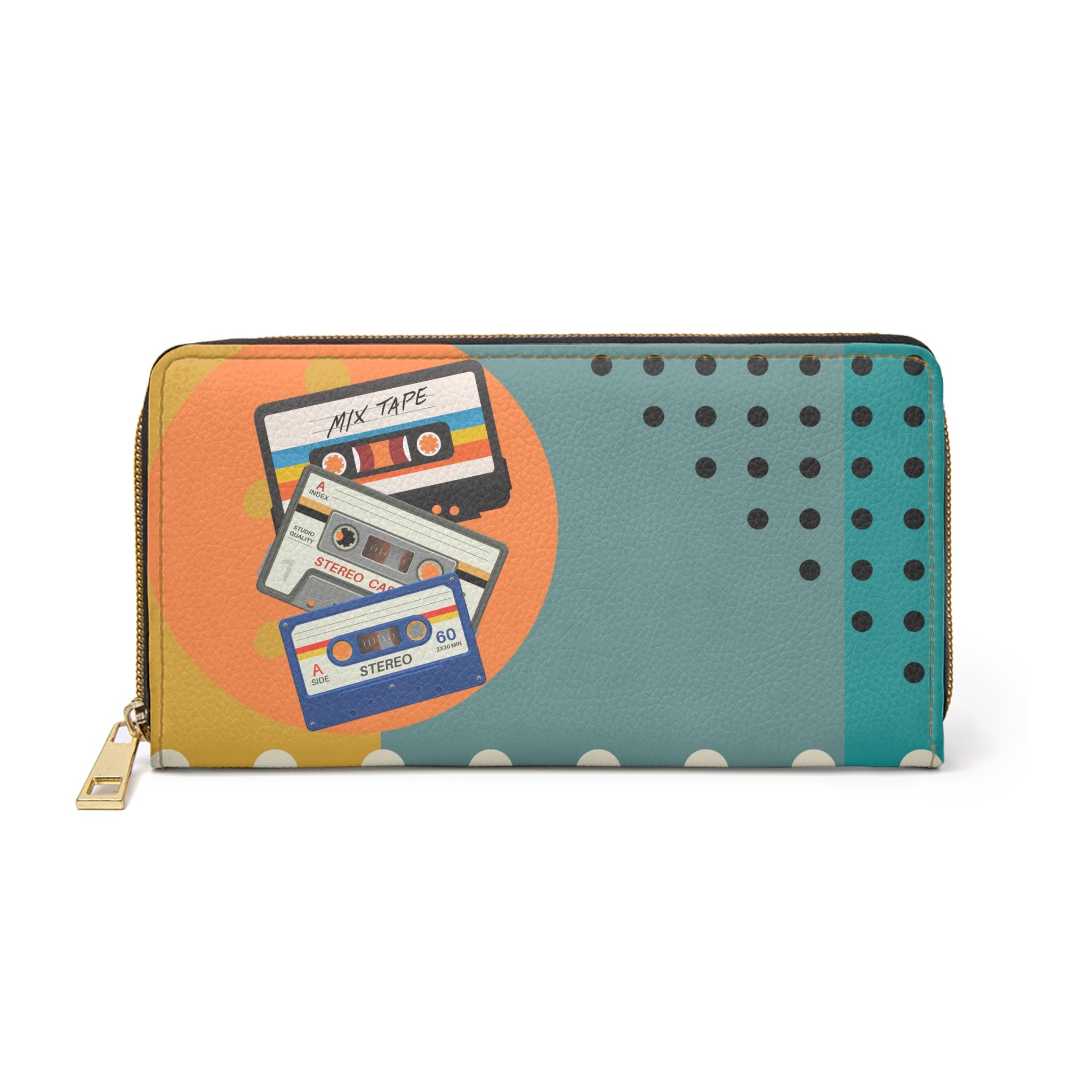 70s Retro Cassettes, Mid Mod Orange, Aqua Cool Zipper Wallet