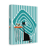 Atomic Fish Art, Mid Century Modern Striped, Teal Kitschy Cat Art - Mid Century Modern Gal