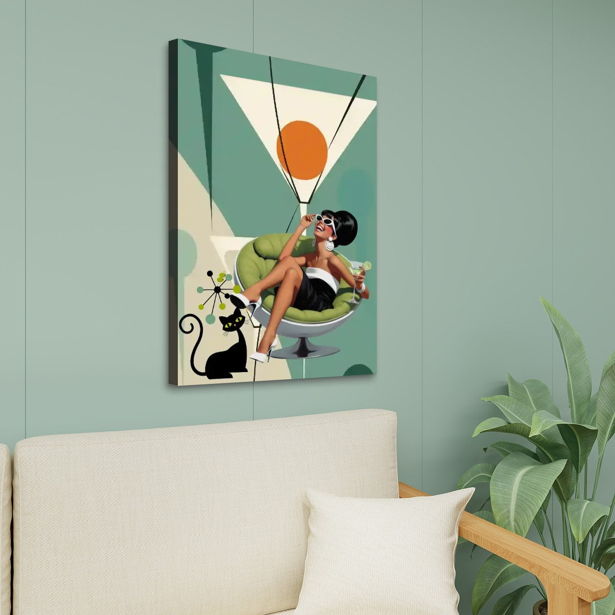 Mid Century Modern Atomic Cat Martini Hour, Funk Kitschy MCM Canvas Wall Art - Mid Century Modern Gal