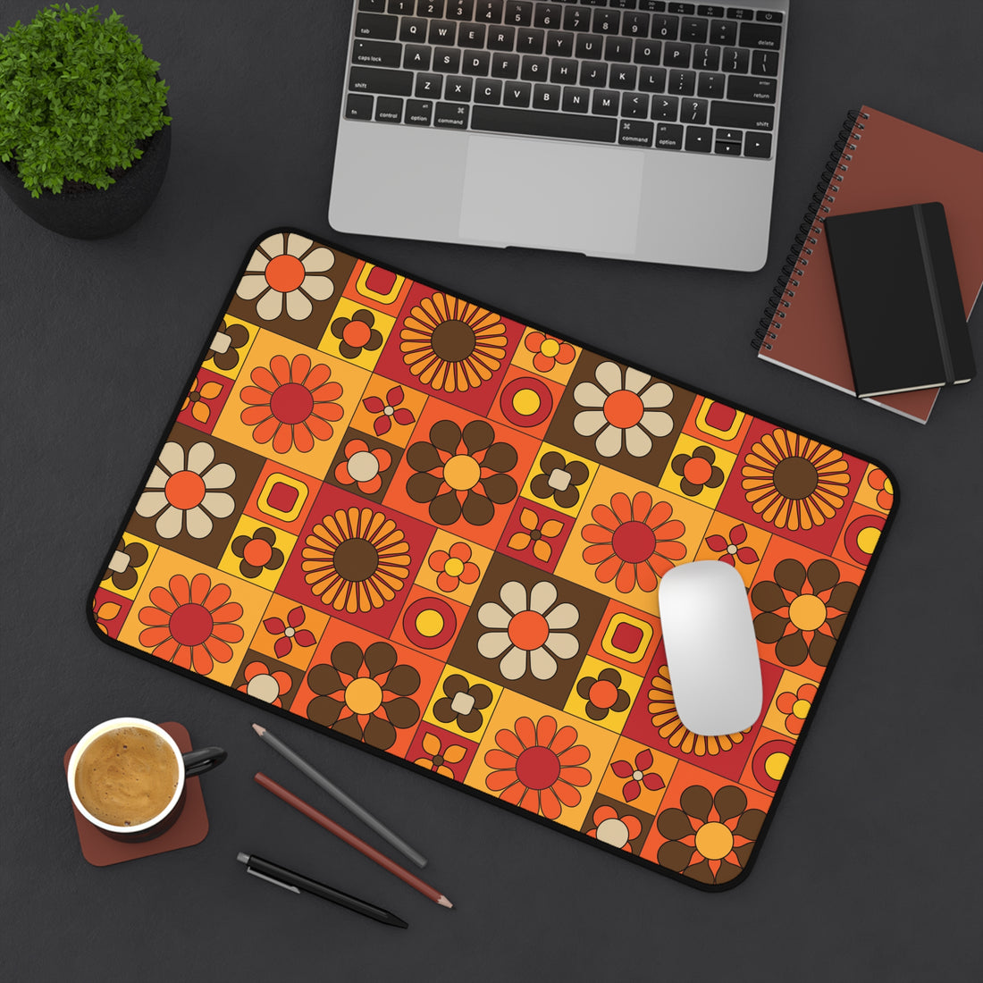 Retro Floral Flower Power Desk Mat - Vibrant and Stylish Mid Mod Desk Decor - Mid Century Modern Gal