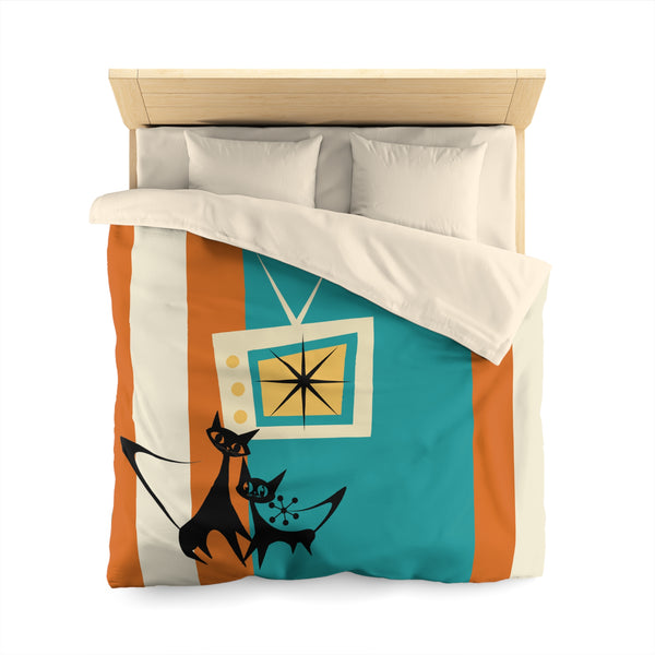 Atomic Cat Mid Century Modern Vintage Cat TV Microfiber Duvet Cover - Retro Home Décor