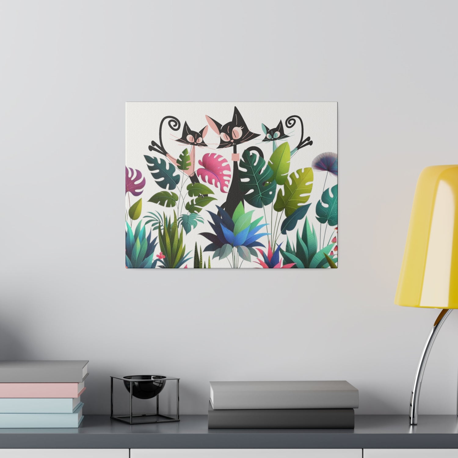 Cats And Plants, Crazy Cat Mom, Boho Plants, Funky Fun Colorful Office, Livingroom, Bedroom Atomic Cat Mid Century Modern Wall Art