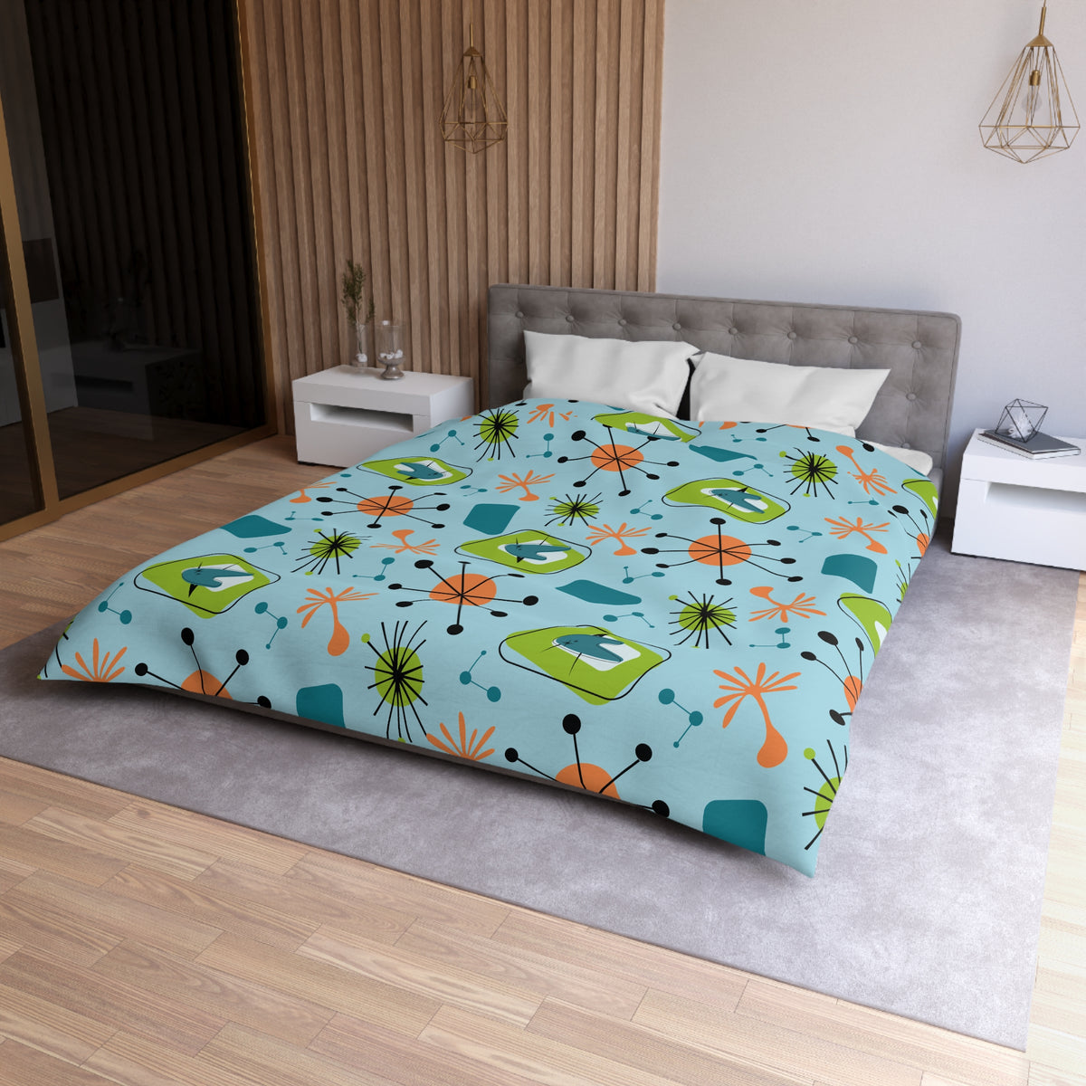 Mid Century Modern Duvet Cover, Atomic Starbursts Boomerangs, Orange, Blue, Green  Duvet Cover - Mid Century Modern Gal