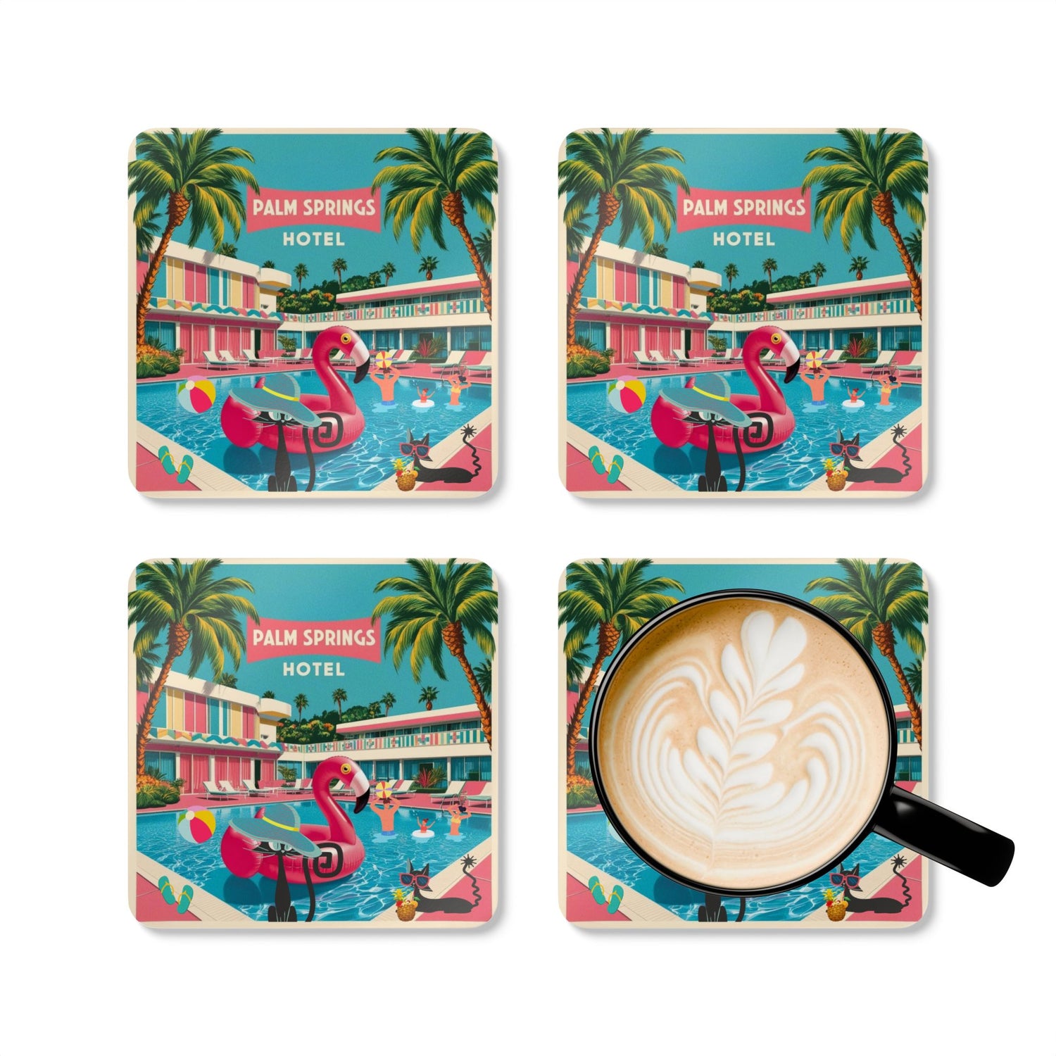 Old Palm Springs California, 50s Flamingo, Atomic Cats Kitschy MCM Barware  Coaster Set - Vintage Tropical Drink Drinkware - Mid Century Modern Gal