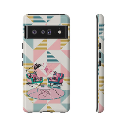 Atomic Cats Reading, Book Talk, Book Lover, Retro Chic Phone Case with Retro Vibe - Cozy Living Room Design
