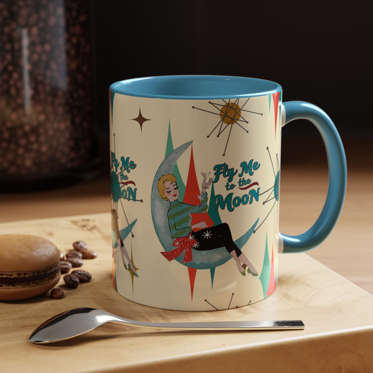 Mid Century Modern Retro Christmas Mug,  'Fly Me to the Moon' Accent Coffee Mug - Vintage Vibe for Coffee Lovers - Mid Century Modern Gal