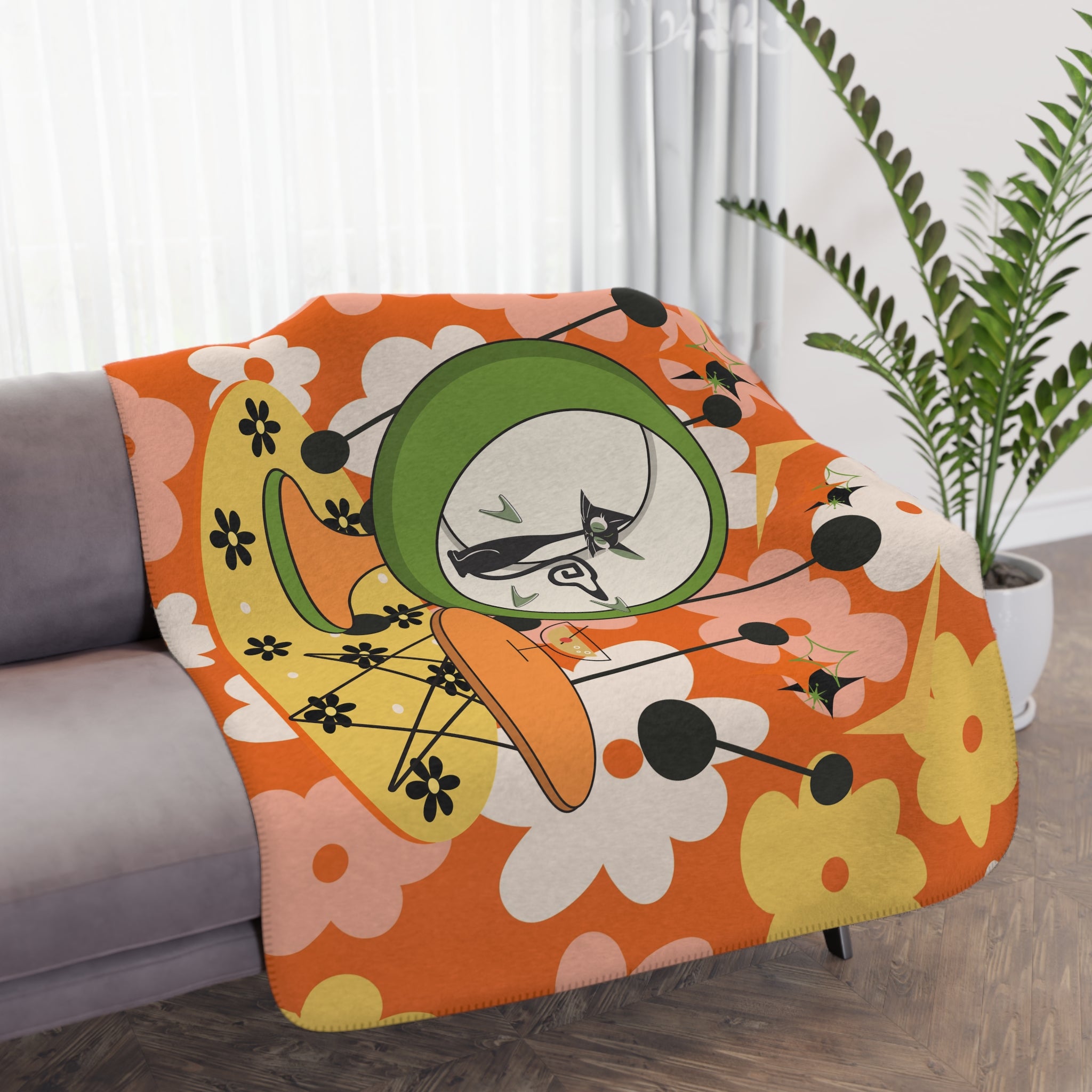 Atomic Cat Retro Orange Flower Power Mid Century Modern Kitschy Mod Cozy Blanket - Mid Century Modern Gal