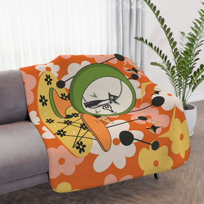 Atomic Cat Retro Orange Flower Power Mid Century Modern Kitschy Mod Cozy Blanket - Mid Century Modern Gal