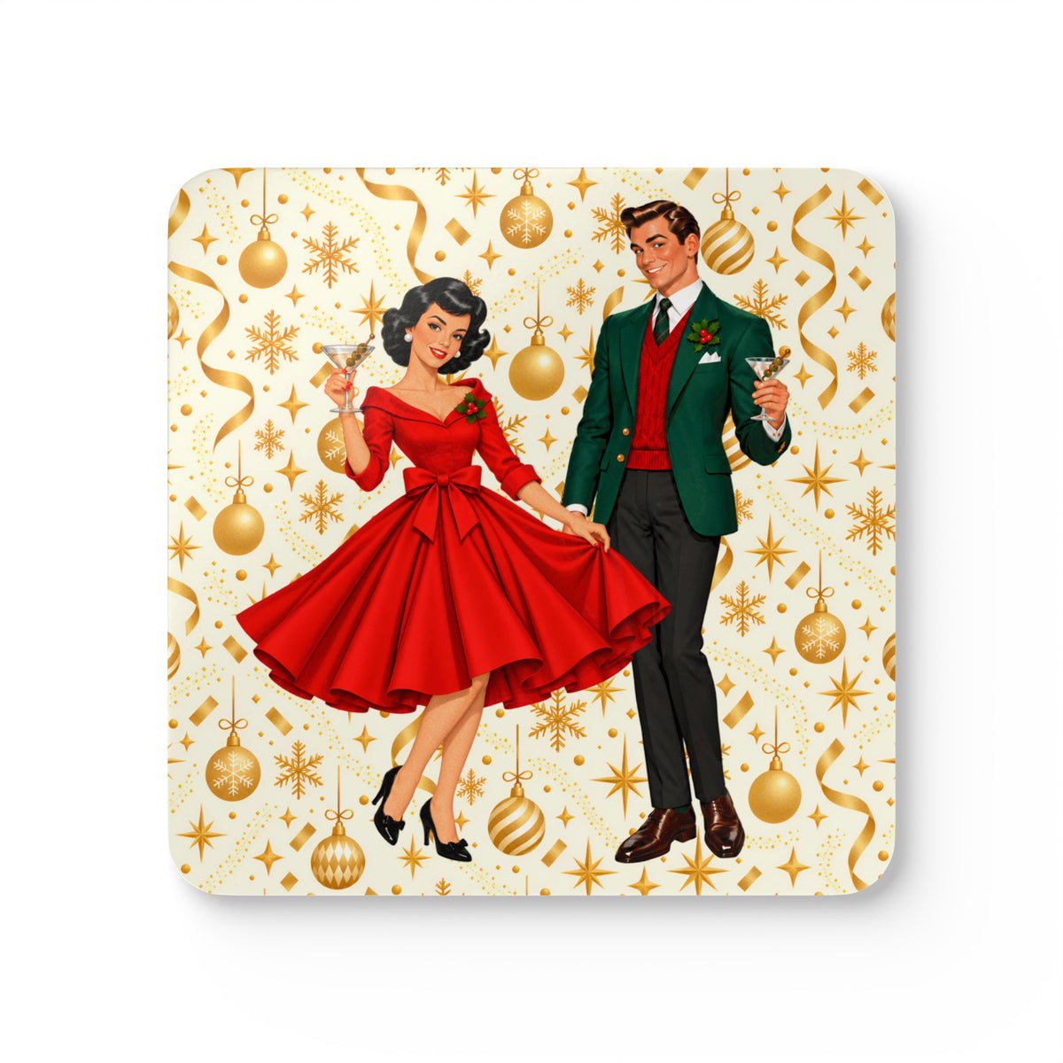 Mid Century Modern Christmas Party Martini Couple Corkwood Coaster Set - Mid Century Modern Gal