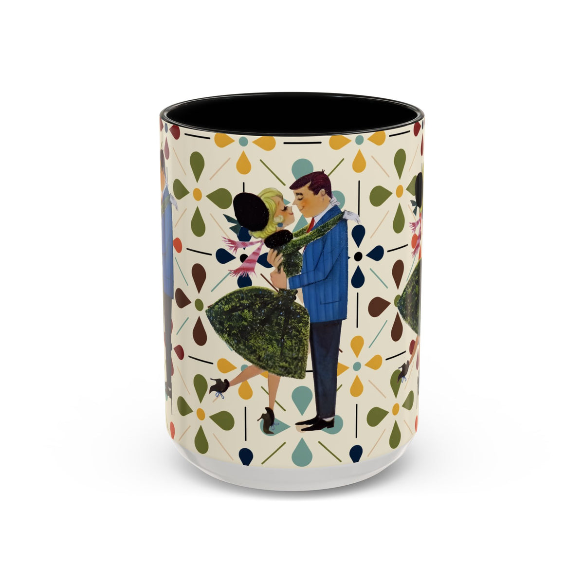Mid Century Modern 50s Christmas mug featuring a kitschy couple dancing among colorful flower patterns.
