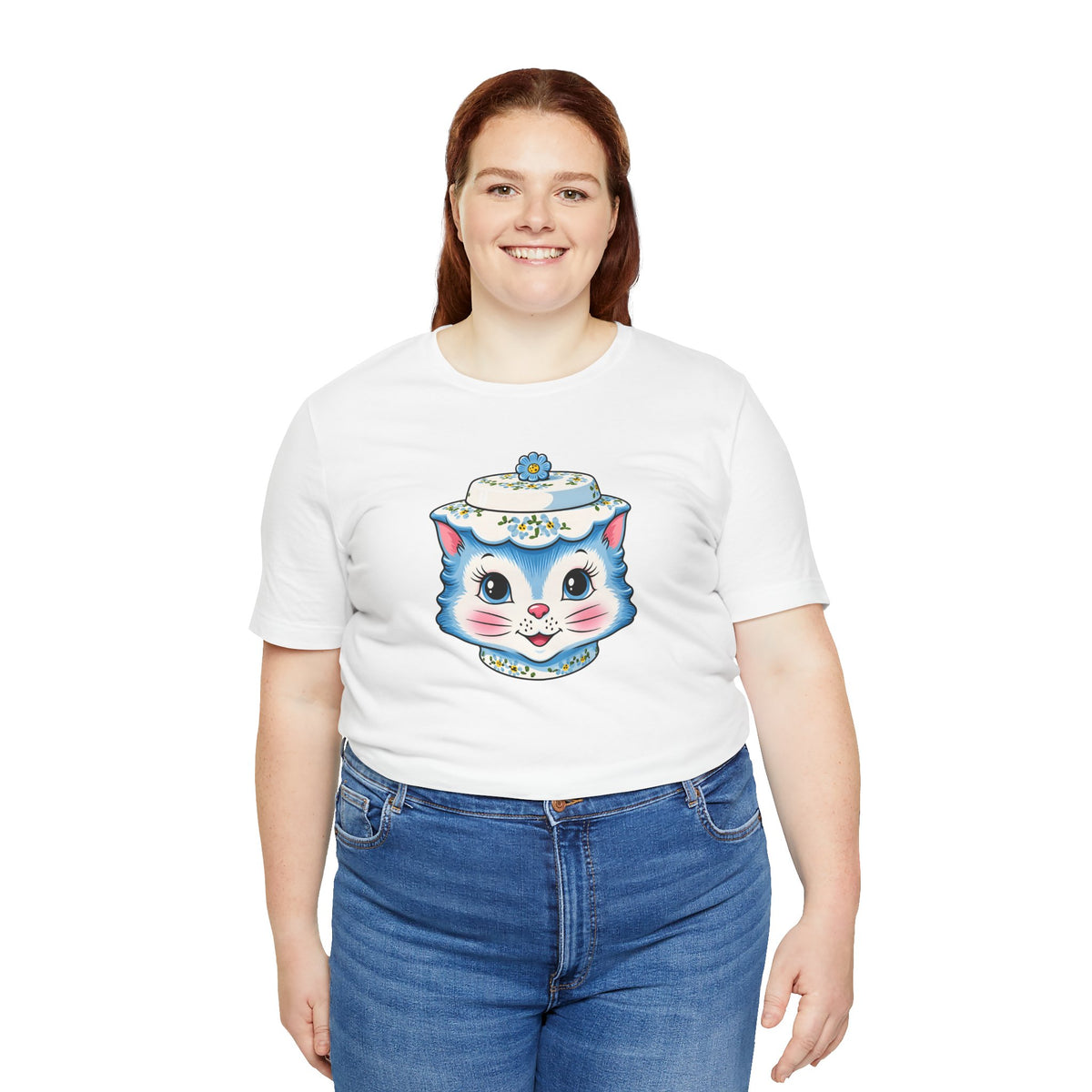 Mid Century Modern Kitschy Anthropomorphic Blue Cat with Floral Hat Unisex T-Shirt