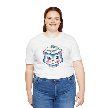Mid Century Modern Kitschy Anthropomorphic Blue Cat with Floral Hat Unisex T-Shirt
