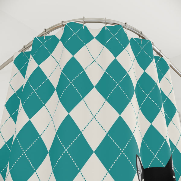 Atomic Cat Harlequin Diamond Teal, White Vintage Cat Pattern Shower Curtain - Stylish Bathroom Decor