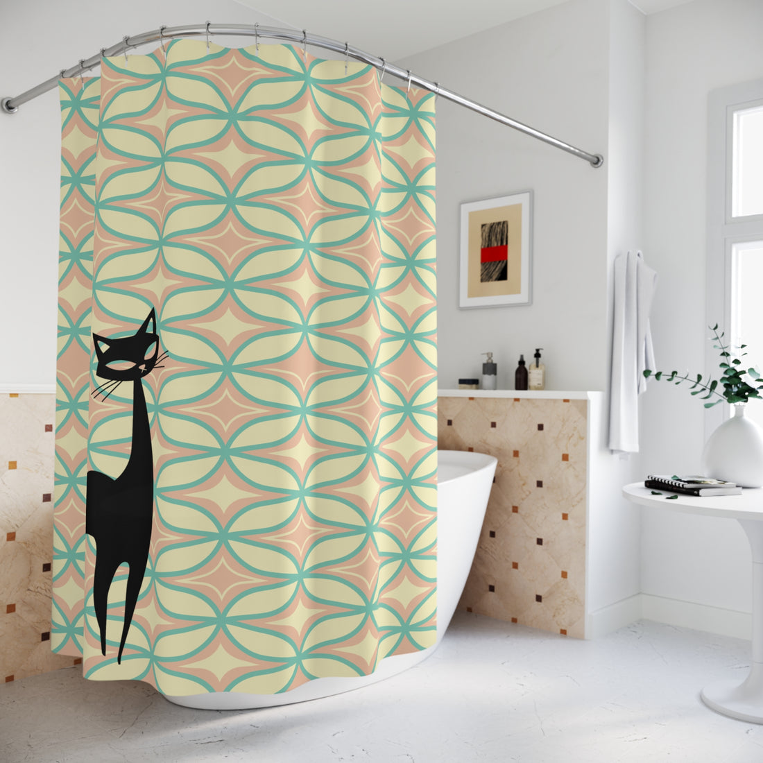 Atomic Whimsical Cat Mid Century Modern Pattern Shower Curtain - Fun and Stylish Bathroom Decor - Mid Century Modern Gal