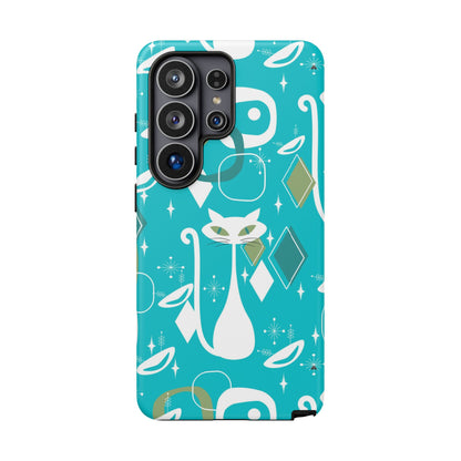 Atomic Cat Space Designs, Mid Century Modern, Aqua, White Kitschy Cat Tough Phone Case