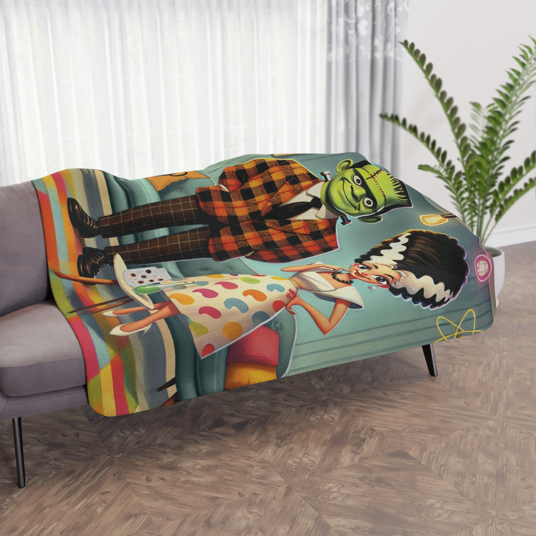 Frankenstein And Bride Retro Vintage Horror Couples Tan Sherpa Blanket - Cozy &amp; Fun Home Décor - Mid Century Modern Gal